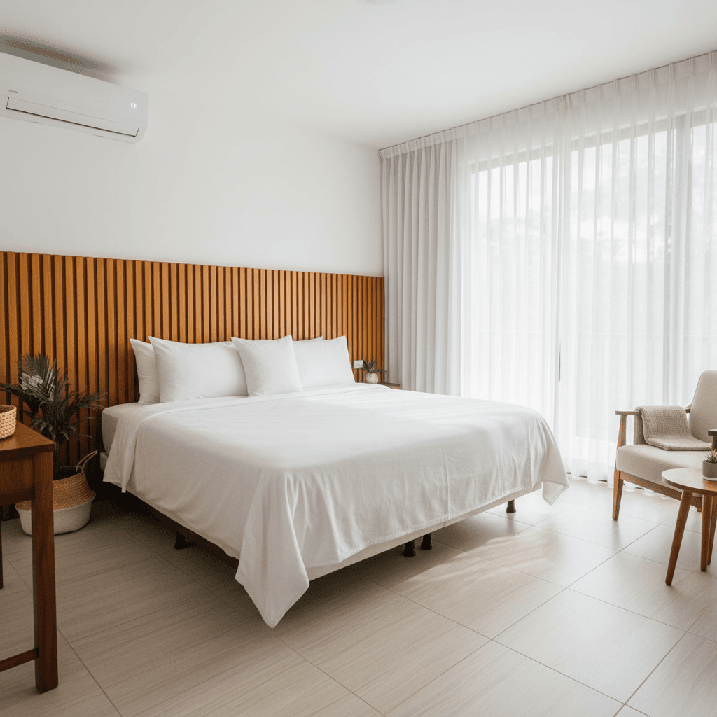 Bright and airy hotel room with a comfortable bed and air conditioning