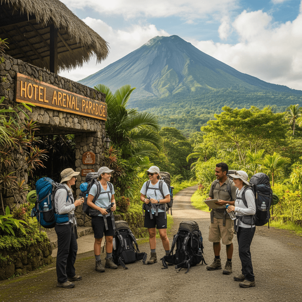 Group of travelers gathering for a tour near the Arenal volcano