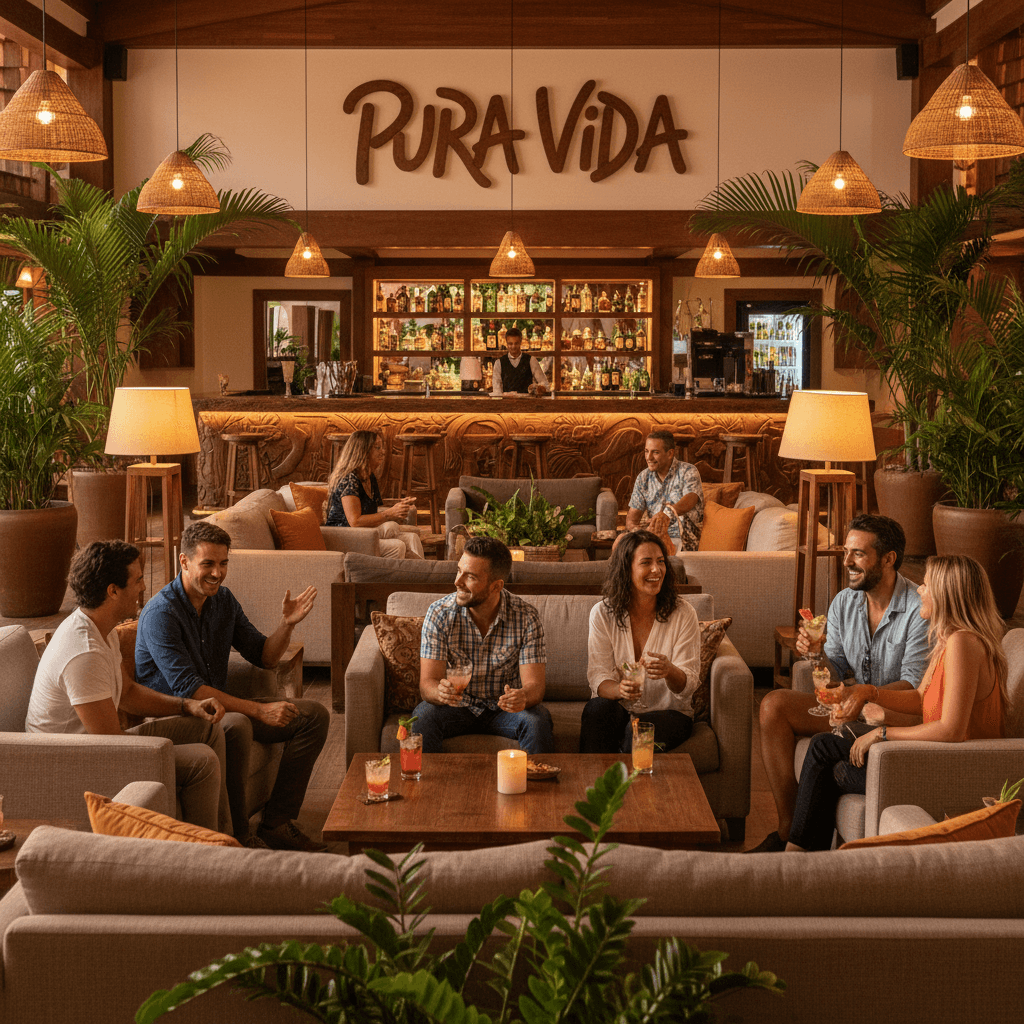 Travelers chatting and laughing in a cozy hotel lounge