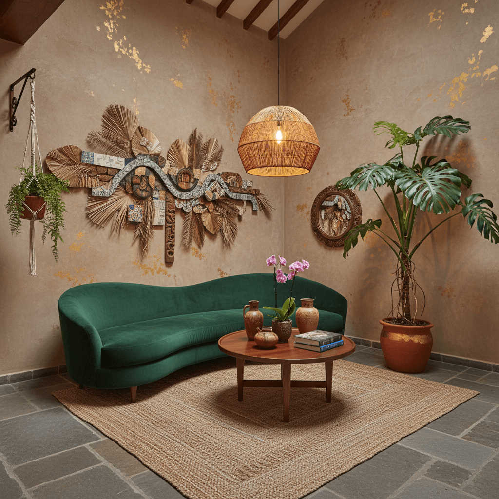 Stylish decorated corner of the hotel with plants and warm lighting