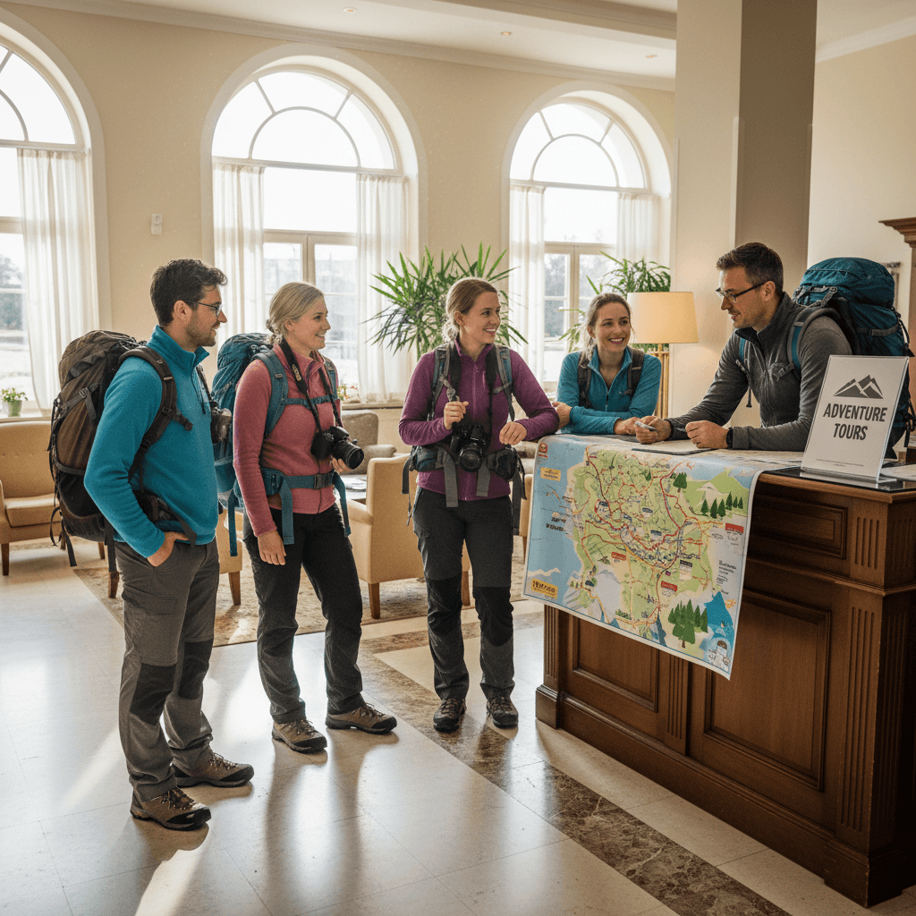 Joining a tour group in the lobby