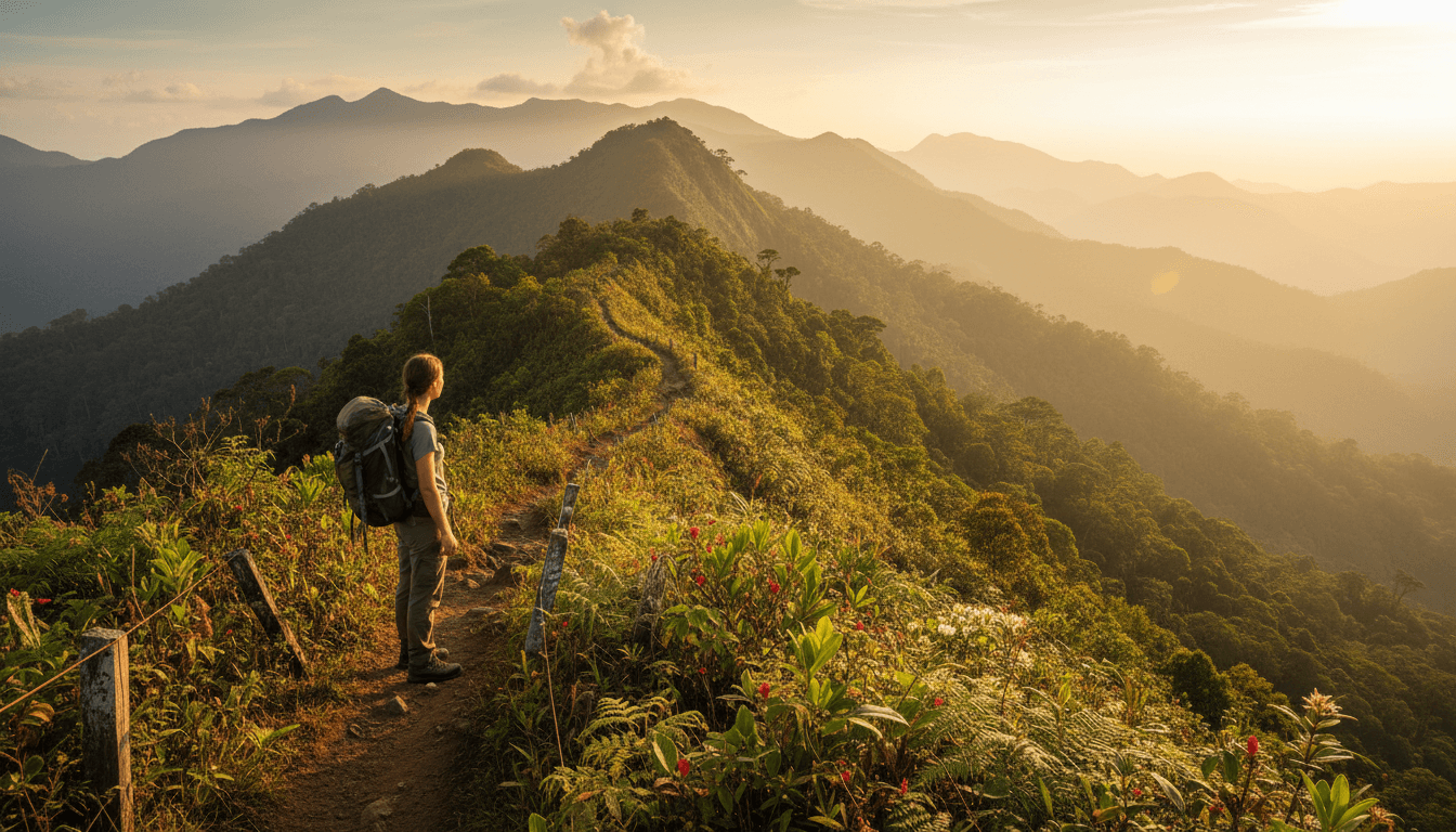Hiker viewing Arenal Volcano from a lava trail