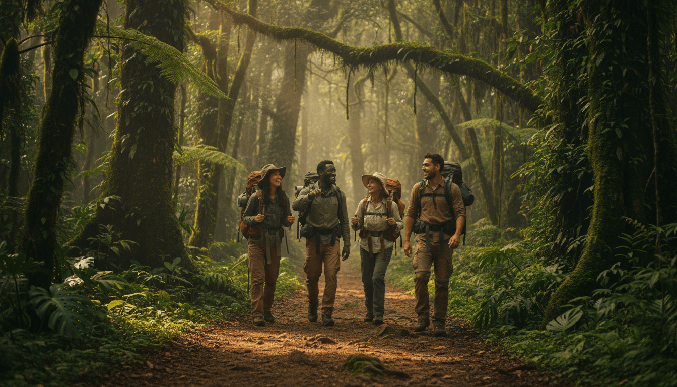 Group of travelers on a guided jungle tour near Arenal Volcano
