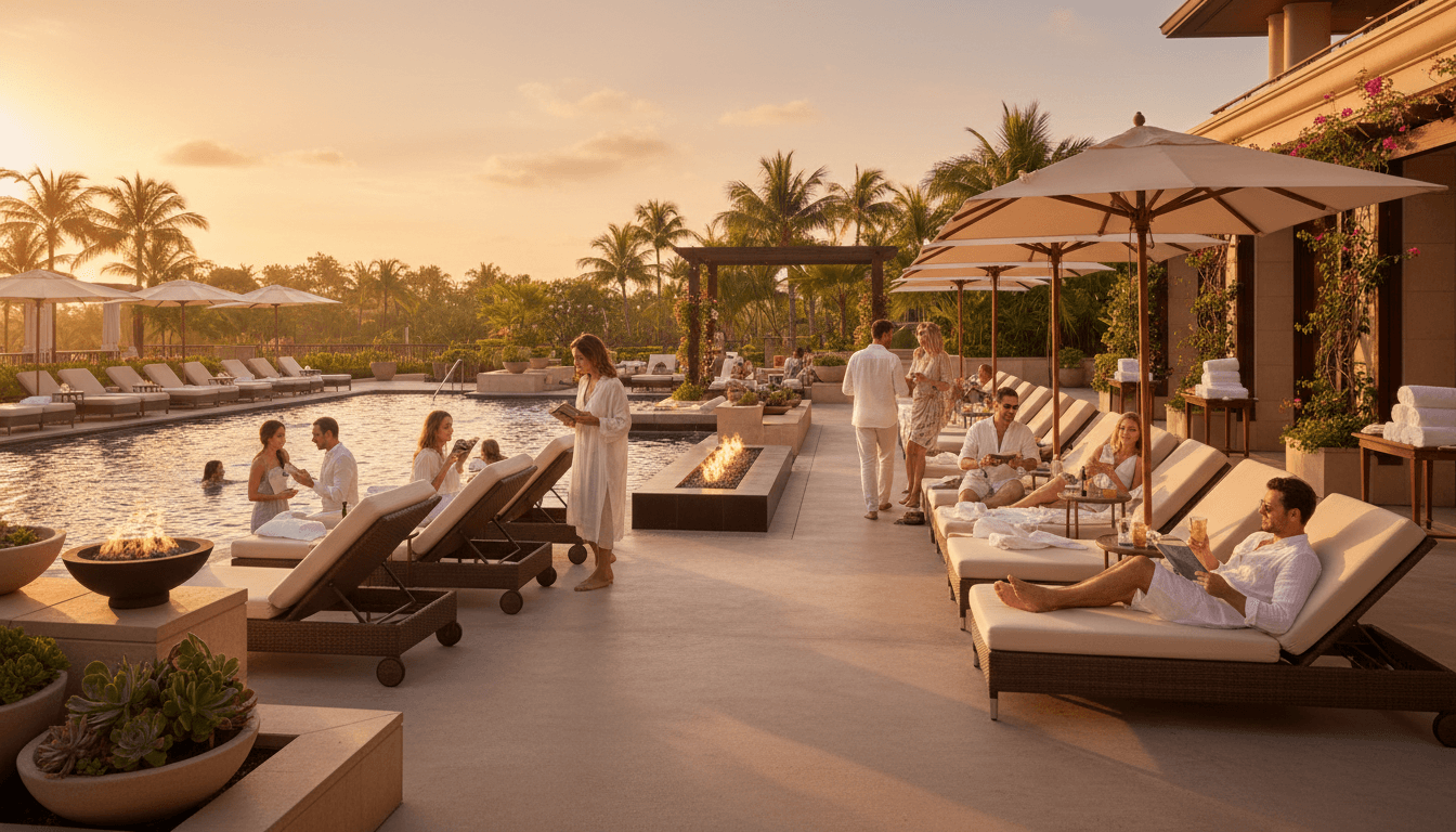 Outdoor pool and lounge with volcano views