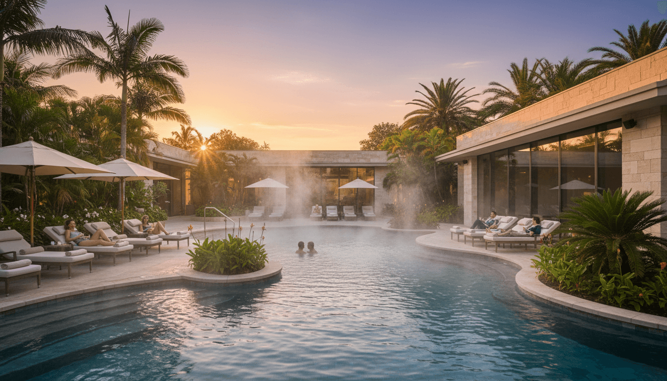 Couple relaxing in a natural hot spring at sunset