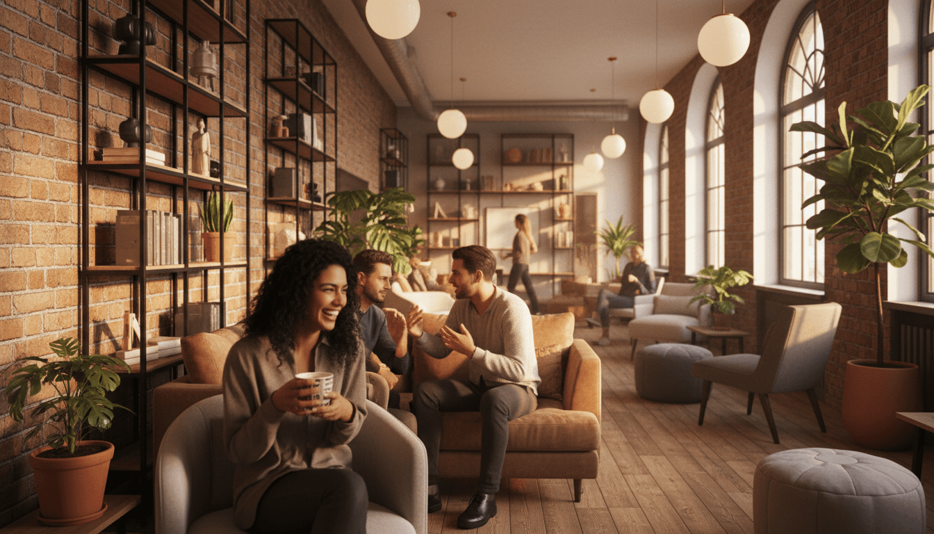Travelers socializing and laughing in a stylish hotel lounge at sunset