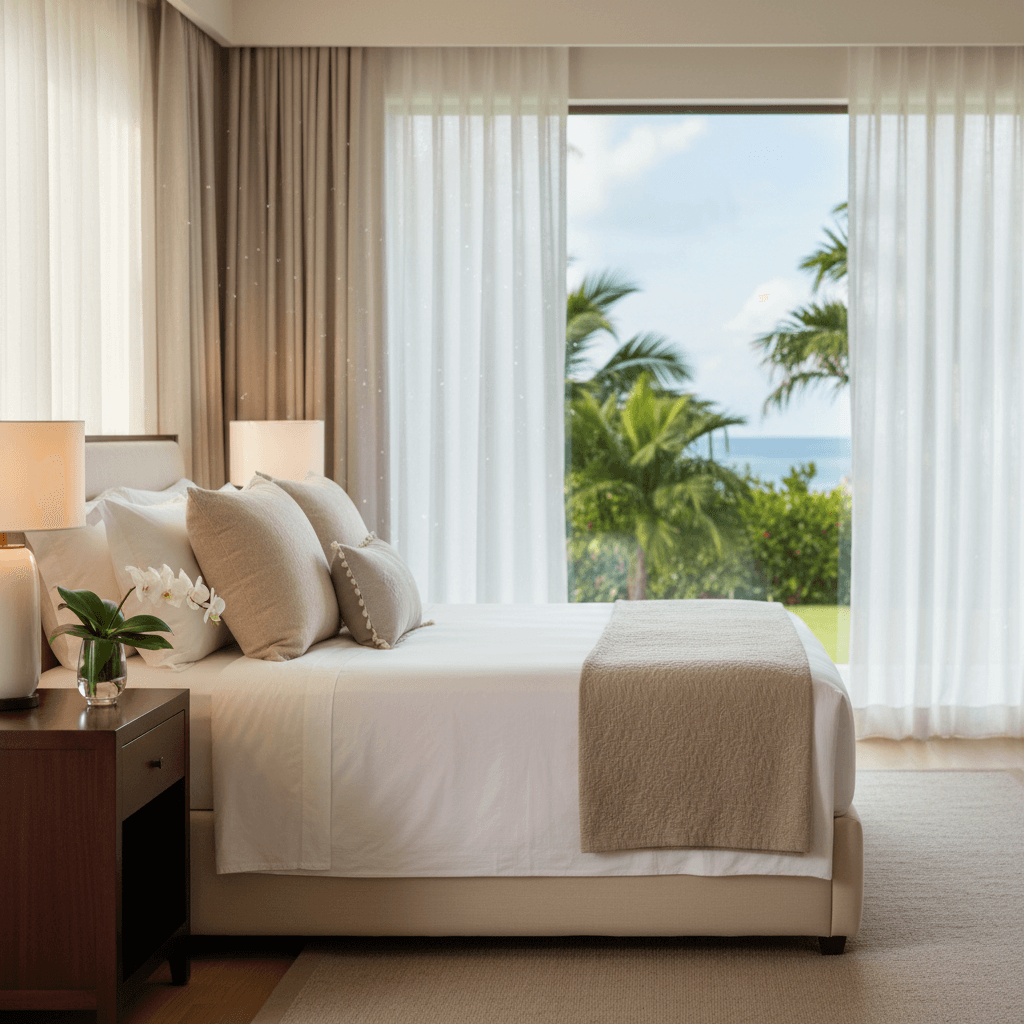 Comfortable air-conditioned hotel room with tropical style