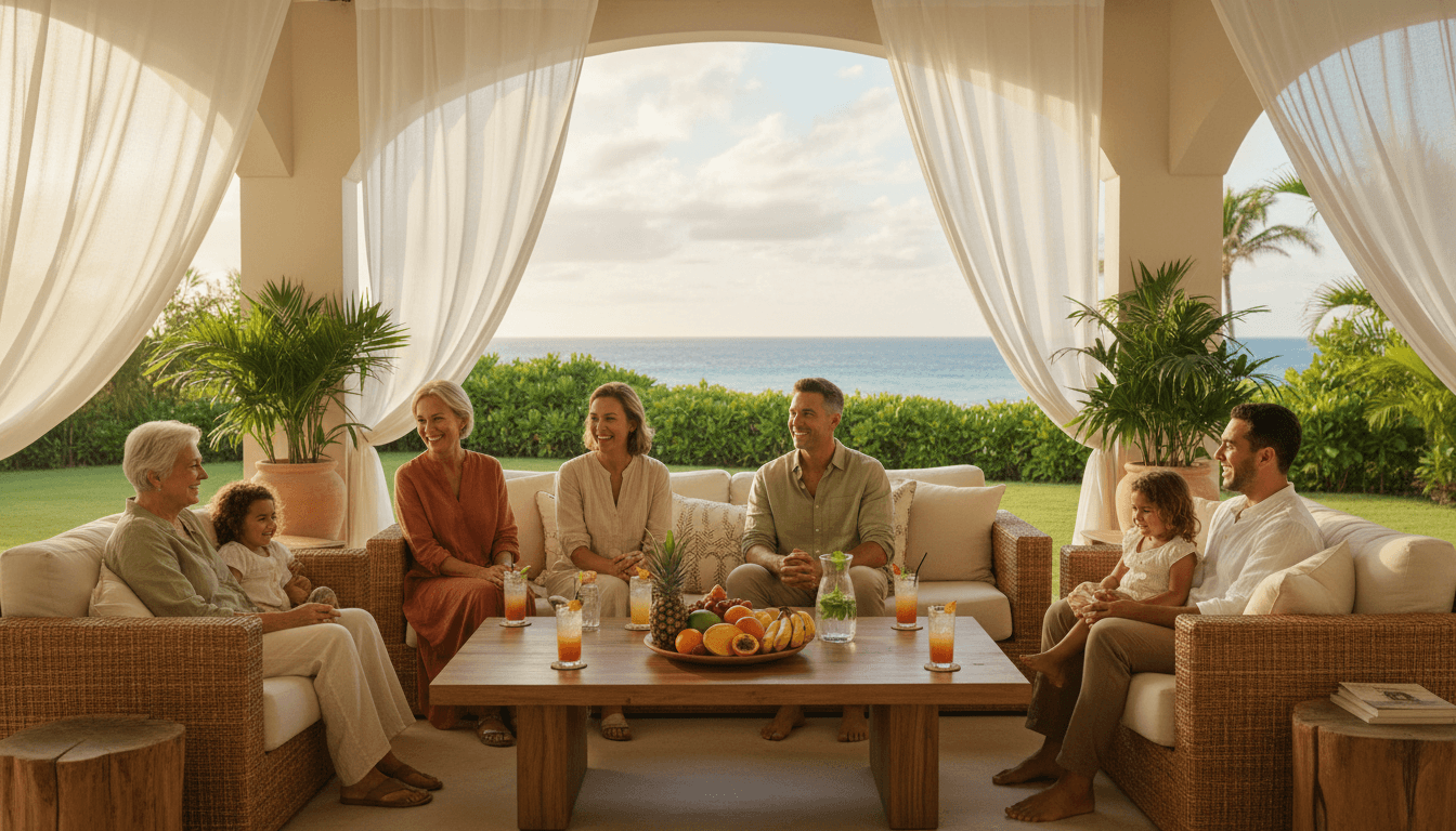 Travelers laughing together in a sunny tropical hotel lounge