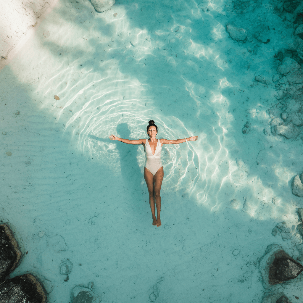 Travelers swimming in a tropical waterfall pool