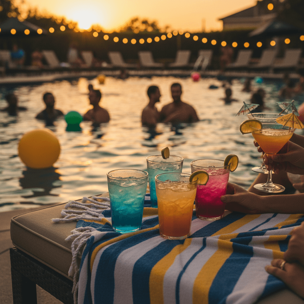 Guests socializing at the hotel pool lounge in the evening