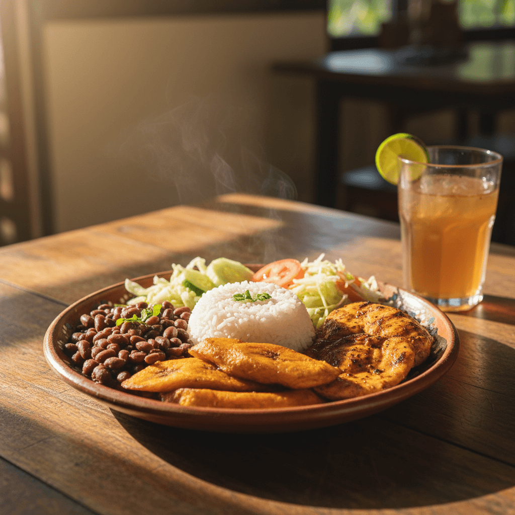 A close-up of a traditional Costa Rican casado dish at a stylish hotel restaurant