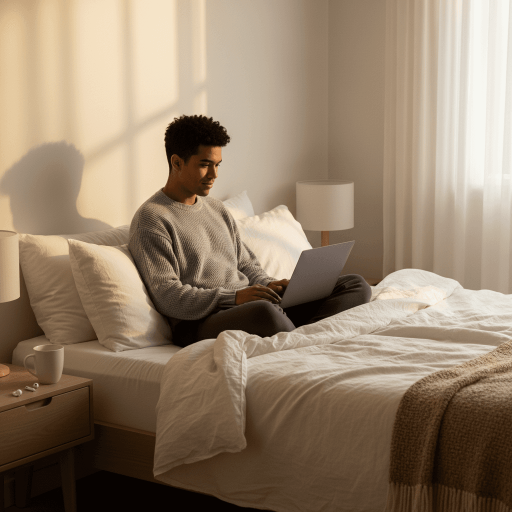 A traveler relaxing on a hotel bed and watching TV in a calm, dark room