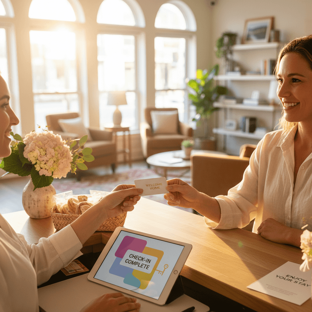 Hotel host laughing with guest at check-in