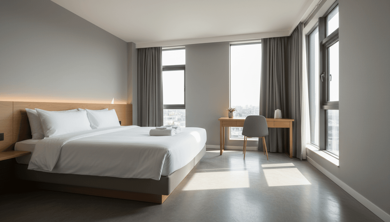 A bright and modern air-conditioned hotel room in La Fortuna with a comfortable bed