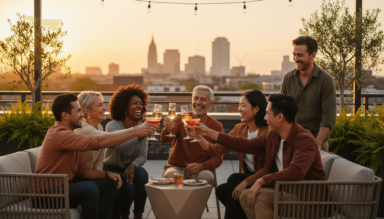 Hotel crew and guests toasting together