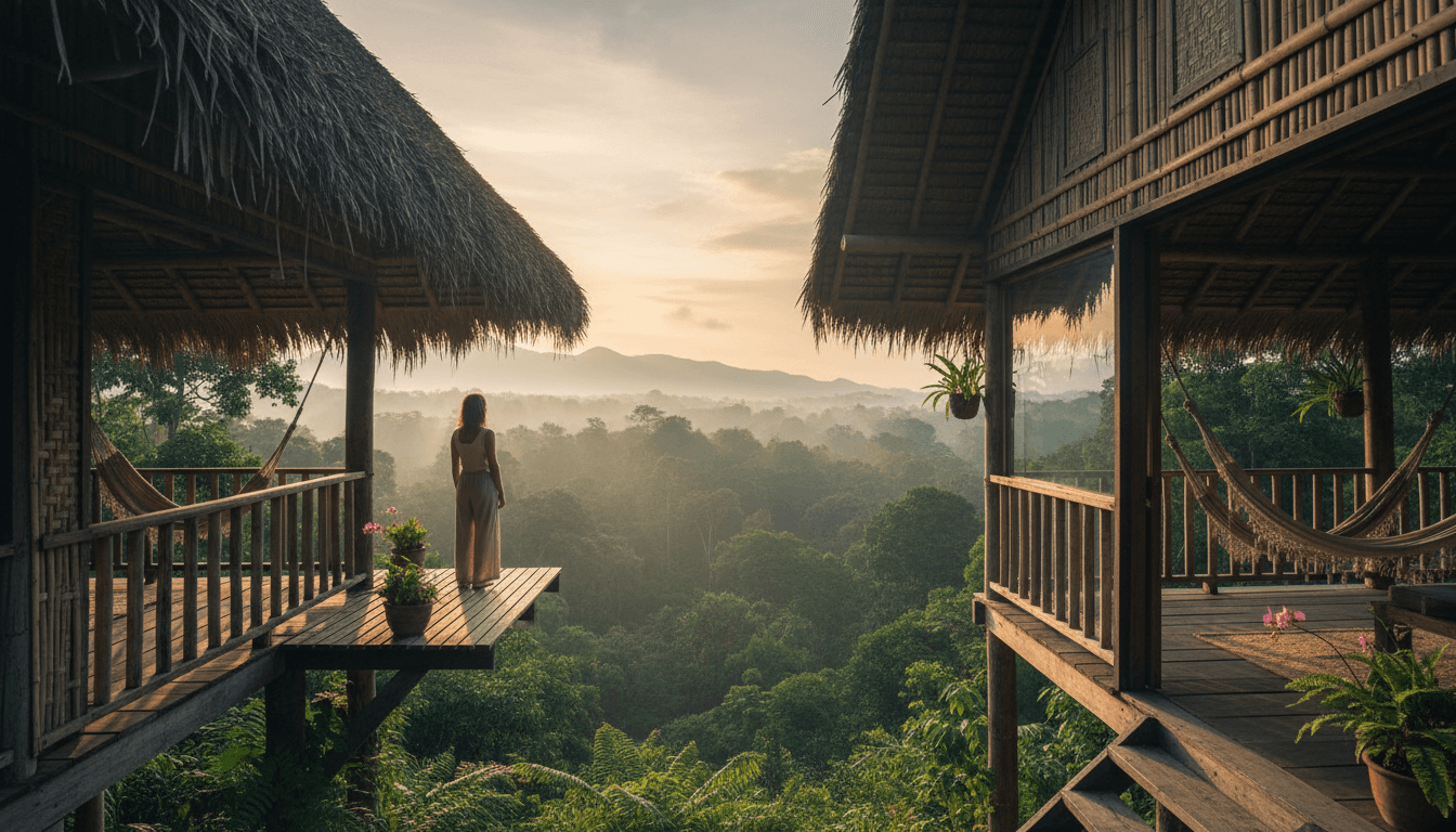 Arenal Volcano at golden hour with tropical foliage and a hotel terrace in the foreground